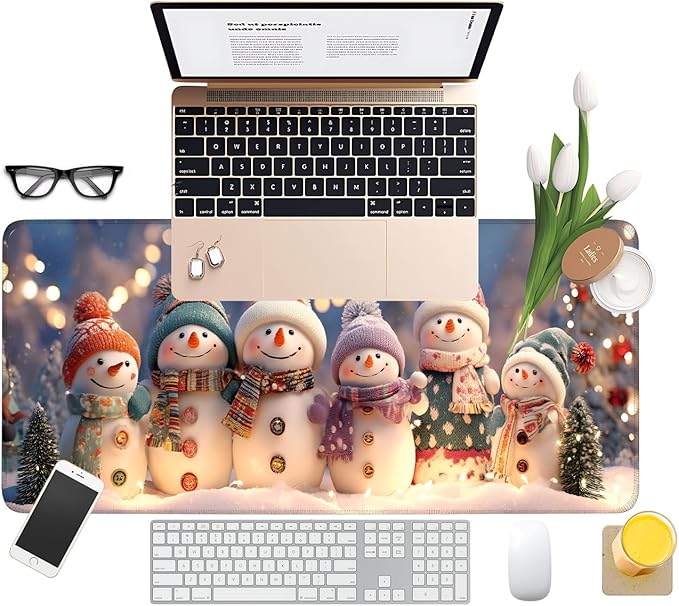 Six Snowmen Gaming Mouse Pad 31.5"x11.8"Desk Mat Anti-Slip Rubber Base & Durable Stitched Edges for Gamers Smooth Mouse Writing Surface for Desk Office/Home