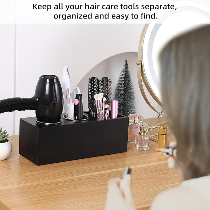 Hair Dryer Countertop Holder, Hair Tool Organizer Wall Mount, Blow Dryer Holder Cabinet Door Organizer, Bathroom Countertop Blow Dryer Holder and Curling Iron Holder (Cedar Wood, Black)