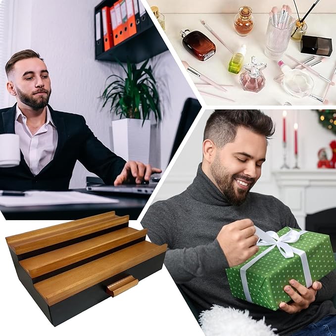 3 Tier Wood Perfume Display Stand | Perfume Organizer Shelf with Drawer | Multifunction Bathroom Storage, Vanity Counter Organizer for Beard Grooming, Shaving Lotion, Watches, Sunglasses, Cologne