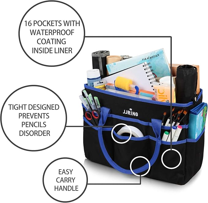 Large Multi-Functional Carrying Bag, 600D Nylon Artist Tote Bag with 16 Pockets Caddy for Art, Craft, Sewing, Make-up or School, Medical, Office Supplies Organizer, Blue