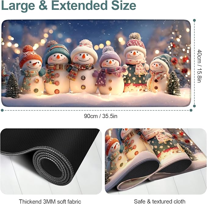 Six Snowmen Gaming Mouse Pad 35.4"x15.7"Desk Mat Anti-Slip Rubber Base & Durable Stitched Edges for Gamers Smooth Mouse Writing Surface for Desk Office/Home