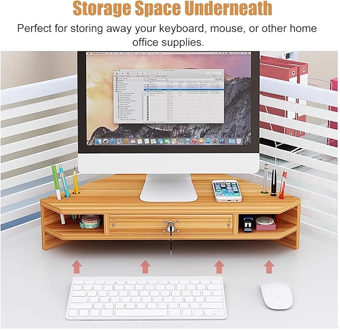 Triangular Wooden Corner Monitor Stand - Space-Saving Desktop Organizer & Laptop Shelf with Drawer, Perfect for Home & Office Use, Maximizing Workspace Efficiency
