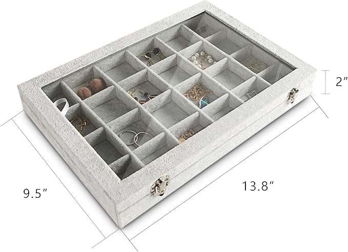 Frebeauty 24 Grid Earring Holder Organizer Tray, Jewelry Organizers and Storage for Drawer,Velvet Jewelry Display Storage for Earrings,Rings,Studs,10.5 x 6.5 x 1.2 Inches Gift for Women (Grey)