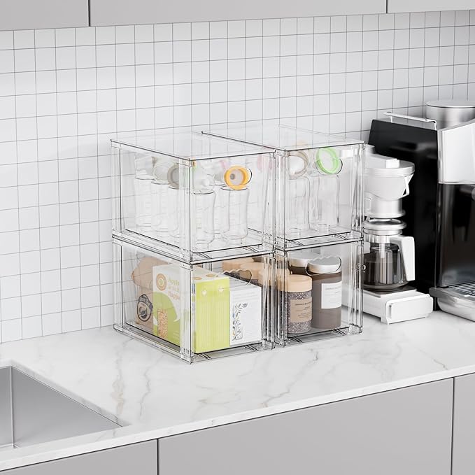 Yieach 4 Pack Large Stackable Storage Drawers,11″Deep Under Cabinet Organizer,Baby Bottle Organizer,Clear Stacking Pull Out Drawer,Acrylic Storage Containers Bins for Organizing Snack,Medicine,Makeup