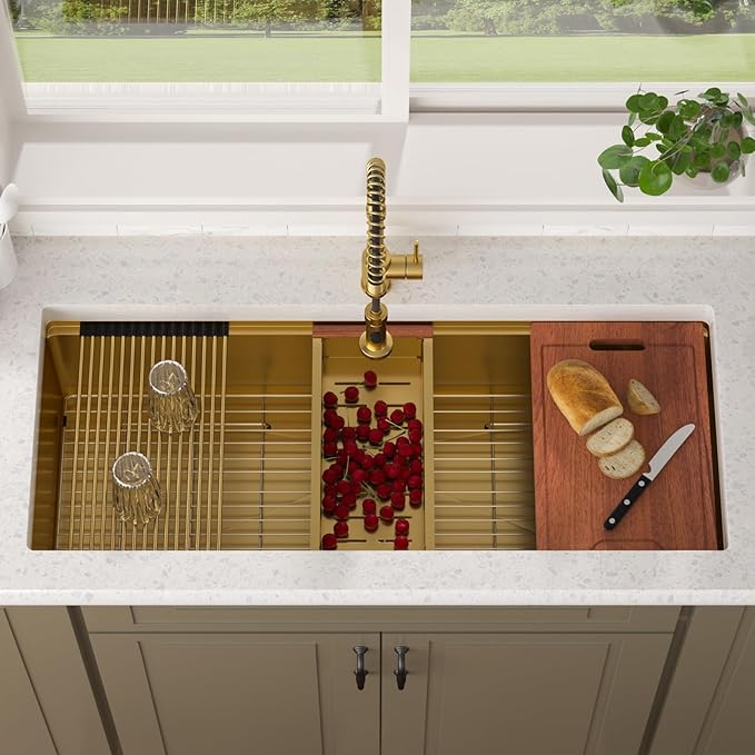 Lordear Luxury 45 Inch Kitchen SInk Gold Undermount Kitchen Sink Large Ledge Workstation 16 Gauge Stainless Steel Single Bowl Under Counter Gold Kitchen Sink with Built-in Accessories 45''x19''x10''