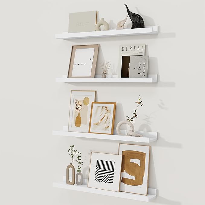Fun Memories Picture Ledge Shelf, White Floating Shelves Set of 4, 24 Inch Picture Shelves for Wall with Ledge, Large Nursery Book Shelf for Toys Storage, Living Room, Bedroom Decor Frames