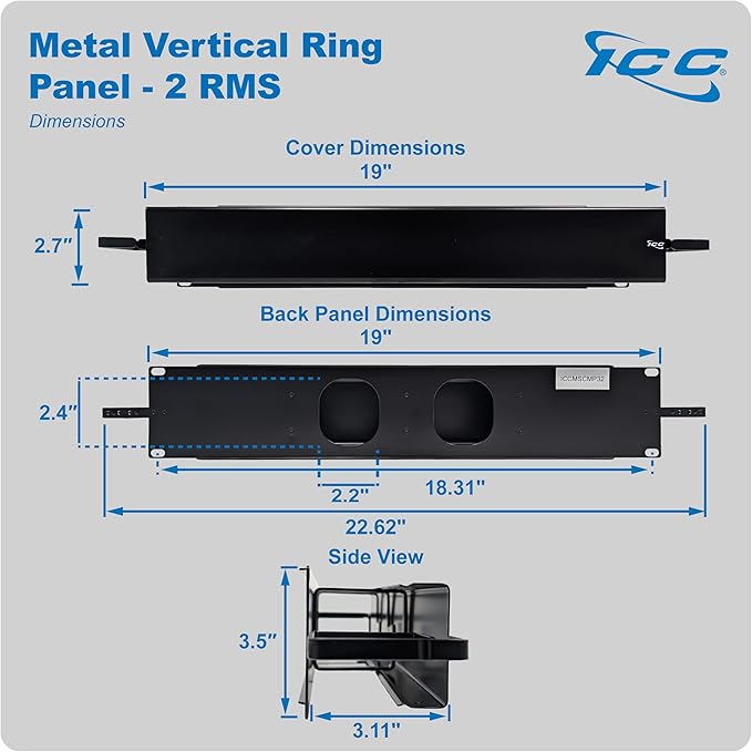 ICC 2U Ring Cable Manager Panel with Cover, Metal, 3" D-Rings, Horizontal and Vertical Cable Management, Rackmount for 19” Network Racks, Black, Single Pack