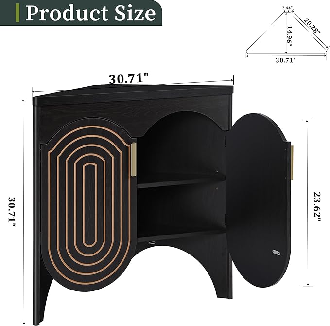 Small Corner Storage Cabinet, Mid Century Modern Floor Corner Cabinet with Curved Doors and Adjustable Shelves，Freestanding Narrow Storage Organizer for Bathroom, Living Room (Black)