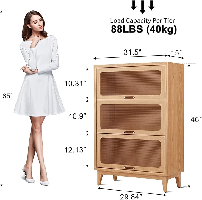 3-Shelf solid wood book case with corrugated tempered glass doors dusty wooden bookshelf Flip-Up Doors original wood midcentury modern book cases/shelves 3 tier for home office with installation tool