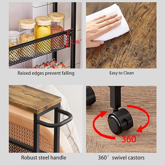 AZERPIAN Slim Rolling Cart 5 Tier Narrow Storage Cart on Wheels with MDF Board Top and Metal Handle for Small Space Kitchen Living Room Home Office Pantry Bathroom Laundry (16.38 x 5.12 x 39.17 inch)
