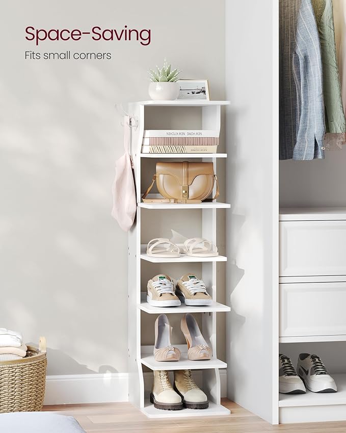 VASAGLE 7-Tier Vertical Shoe Rack, Narrow Shoe Storage Organizer with Hooks, Slim Corner Tower Shelf, Space-Saving for Entryway and Bedroom, White ULBS200T14
