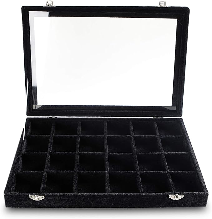 Frebeauty 24 Grid Earring Holder Organizer Tray, Jewelry Organizers and Storage for Drawer,Velvet Jewelry Display Storage for Earrings,Rings,Studs,10.5 x 6.5 x 1.2 Inches Gift for Women (Black)