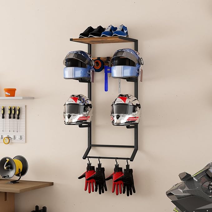 HOOBRO Motorcycle Helmet Rack Wall Mount, Helmet Holder with Hanging Rod, Storage Display Rack with 2 Glove Clamps and 4 Hooks, for Motorcycle Gear and Accessories, Rustic Brown and Black BF02TK01