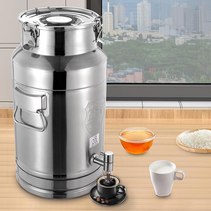 Milk Can Barrel Stainless Steel Beverage Drink Dispenser Large Capacity Storage Bucket Container with Faucet and Handles for Milk Coffee Wine Oil Rice Cereals Water (20L/5.28Gal)