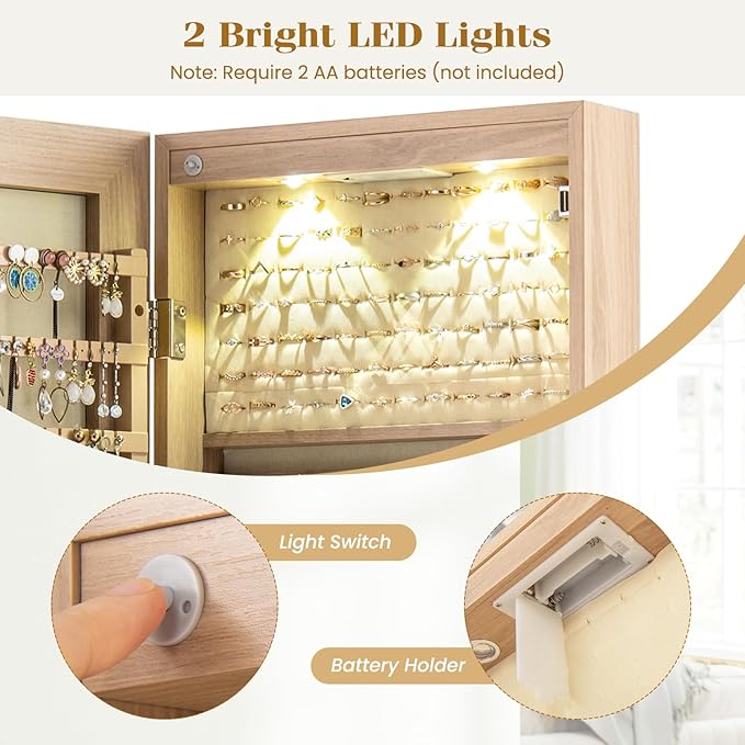 Giantex Wall or Door Mounted Jewelry Armoire with 47.5" Full Length Mirror, Lockable Cabinet with 2 LED Lights, 2 Drawers, Over the Door Large Jewelry Storage Organizer (Light Oak)