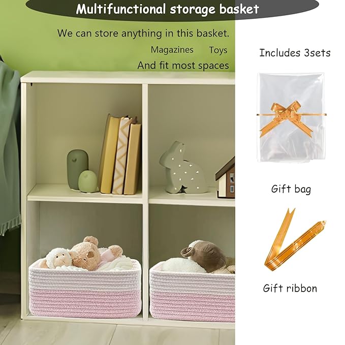 COMFY-HOMI 13" x 8.5" x 5.1" Storage Baskets for Organizing | Cotton Rope Woven Basket | Toy Storage Bin Box | Basket for Shelves, Closet Organizer Bin, Decorative Closet Shelf, 1 Pack, white/pink