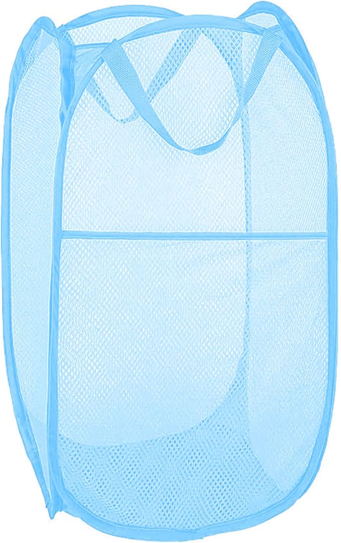 Larpur Pop up Laundry Hamper, Collapsible Laundry Basket, Portable Mesh Clothes Hamper for Kids Room, College Dorm, Bathroom, Foldable Hamper with Carry Handles, Sky Blue