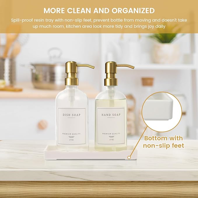 Glass Soap Dispenser for Kitchen, Farmhouse Dish Soap Dispenser&Hand Soap Dispenser Set,Rustproof Pump Lotion Dispenser Bathroom with Tray, Waterproof Label for Kitchen Decor(Clear