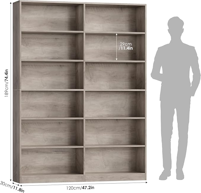FACBOTALL Bookshelf and Bookcase, 6-Tier Double Wide Bookshelves, Freestanding Display Storage Shelves, Tall Bookcases for Home Decor Bedroom, Living Room, Home Office, Wash Gray