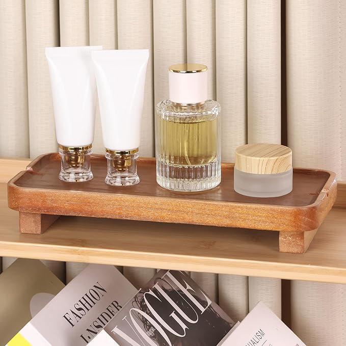 Wood Riser Small Decorative Tray Sink Soap Dish, Vanity Tray Pedestal Stand 10 * 4.5 inches (Light Brown)
