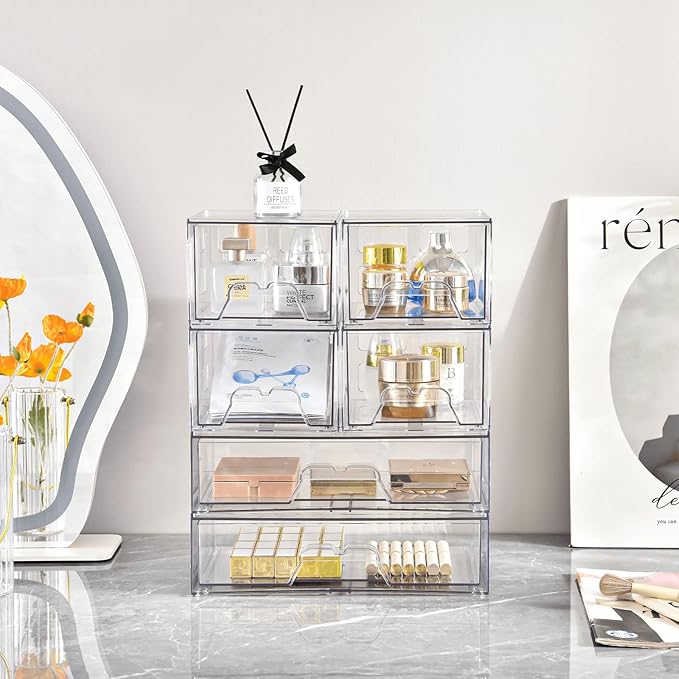 Stackable Makeup Organizer Storage Drawers Set of 6, Clear Plastic Organizer Bins for Beauty Supplies,Ideal for Vanity, Bathroom,Cabinet,Pantry Organization (2Long 4 Short)