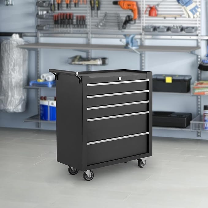 5-Drawer Rolling Tool Chest with Wheels and Locking System, Portable Tool Cabinet for Garage, Workshop, Mechanic, Heavy Duty Tool Box with Drawers, Detachable Storage for Home and Shop, Black