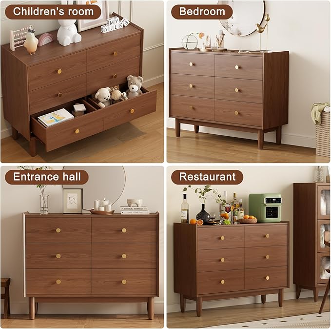 6 Drawer Dresser for Bedroom,41.2" W Wood Chest of Drawers with Large Storage Cabinet, Mid-Century Dressers for Closet Kitchen, Sideboard