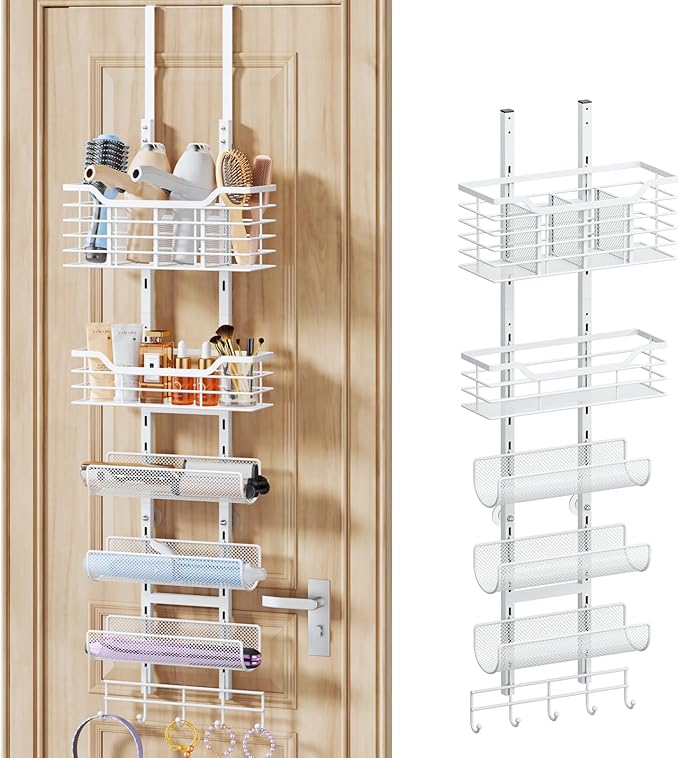Consumest 6-Tier Hair Tool Organizer - Hair Dryer Holder Over The Door/Wall Mounted DIY Adjustable Shelf Bathroom Door Organizer with Hook for Curling Iron/Blow Dryer/Straightener White
