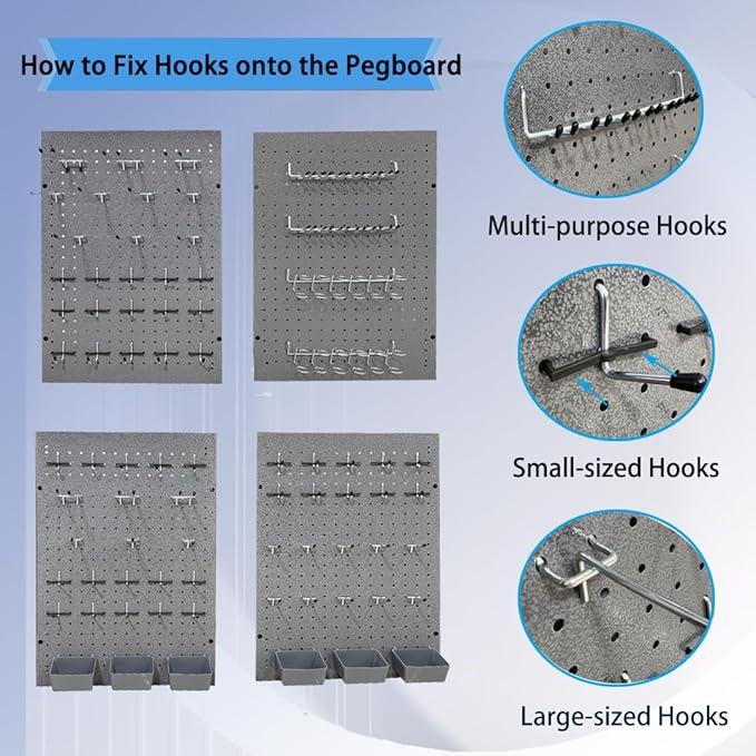 JZD Pegboard Wall Organizer with 116 Pcs Hooks Heavy Duty Metal Pegboard Kit with 1/4" Pegboard Hooks Accessories 4 Pack Metal Pegboard Kit 66" x 24" for Garage, Tool Storage,Craft Room
