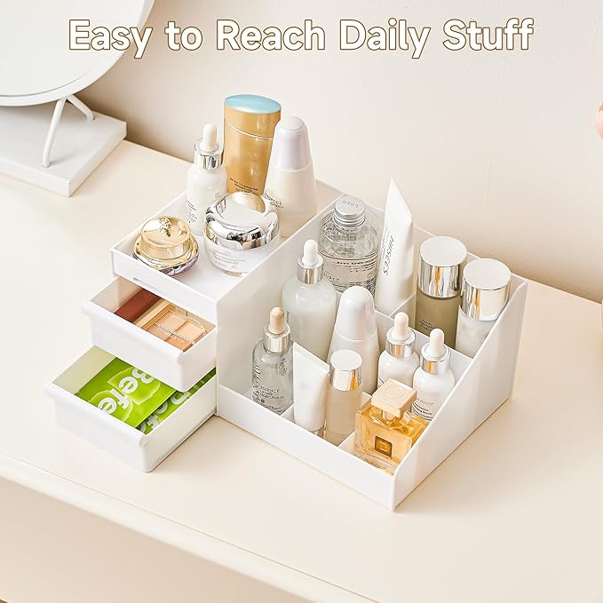 Perfume Cologne Organizer, Perfume Stand Shelf with 2 Drawers, Bathroom Counter Organizer and Storage for Skincare, Makeup, Cosmetics, White