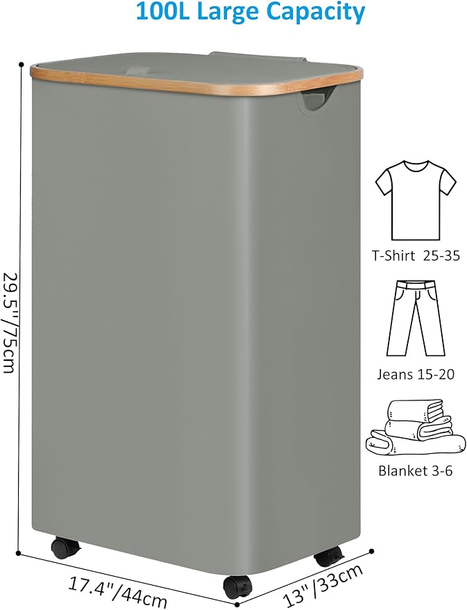 efluky Laundry Basket with Wheels, Tall Rolling Laundry Hamper with Lid and Removable Bag, Aesthetic Dirty Clothes Hamper on Wheels for Laundry Room, Bedroom, Dorm and Bathroom, 100L Grey