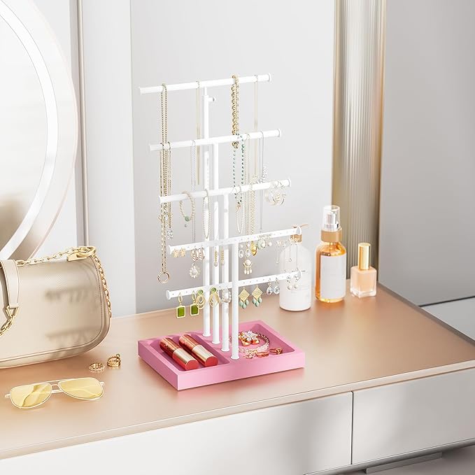 Love-KANKEI Jewelry Organizer Stand, 5 Tier Large Necklace Holder with Wood Base, Jewelry holder stand Tree for Display, Bracelets Earrings Rings, Height Adjustable Gift Pink and White