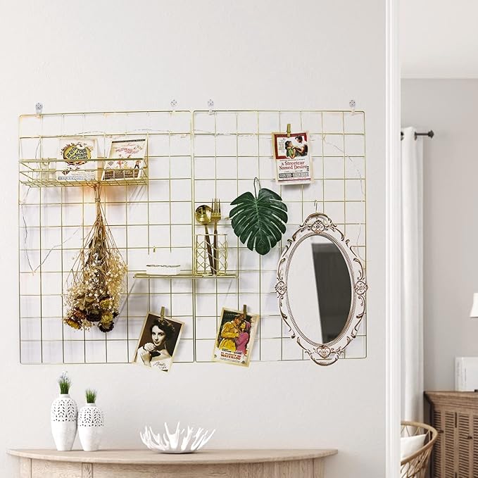 Grid Wire Board,for Memo Picture Panel Wall Decoration for Room Office Mat Photo Hanging Art Display Frames Desk Storage Organizer,17.3" x 11.8"(2Pack) (Gold)