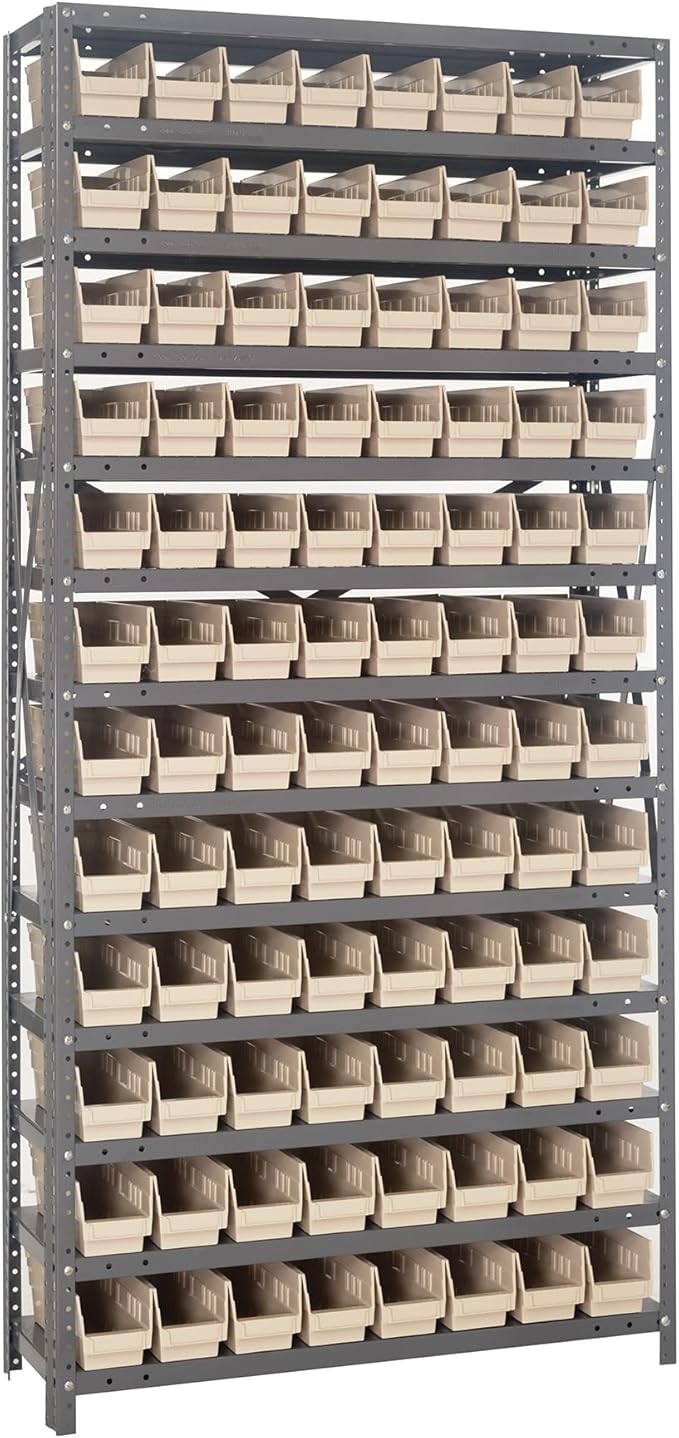Quantum Storage Systems 1275-101IV Steel Shelving Unit with 4" Shelf Bins, 12" D x 36" W x 75" H, Ivory