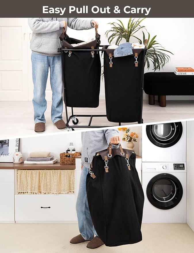 StorageWorks 390L Extra Large Lanudry Hamper with Wheels, Laundry Basket with Wheels 2 Sections, Clothes Sorter Cart with Divider for Hotel, Home, Black, 1-Pack