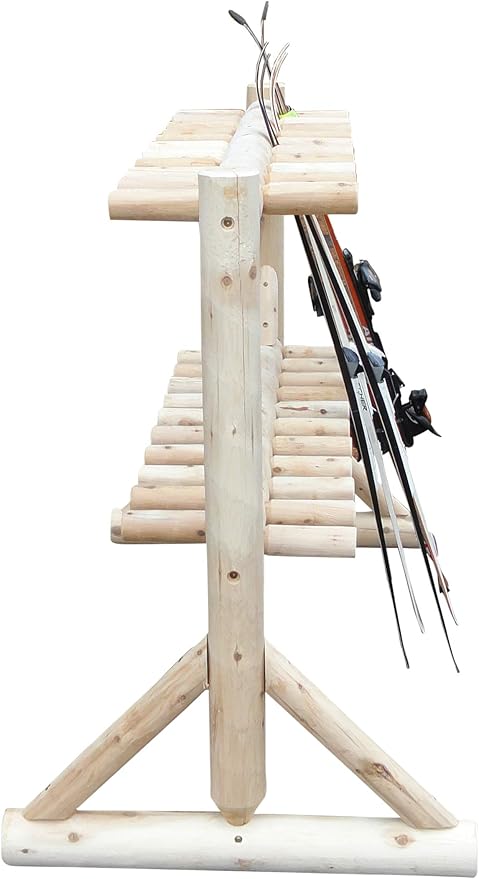 17-Place Freestanding Log Ski Rack Holder, Indoor & Outdoor Snowboard Racks, Standing Storage, Garage Racks for Snow Skis, Durable Snowboard Rack Garage Storage Organizer - Unfinished