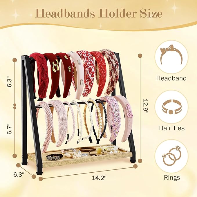 Headband Holder Organizer Metal 2-Tier Display Stand for Selling, Home Bedroom Headband Storage for Girls Women, Headband Stand Wood Base Can Store Hair Ties, Black
