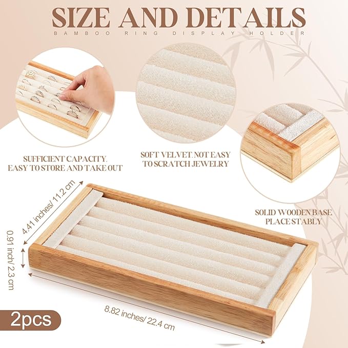 Novabright 2 Pcs Bamboo Ring Holder Bamboo Ring Display Stand 5 Slot Rings Display Tray Jewelry Storage Tray Organizer for Rings Earrings Selling Retail Stores Home Exhibitions