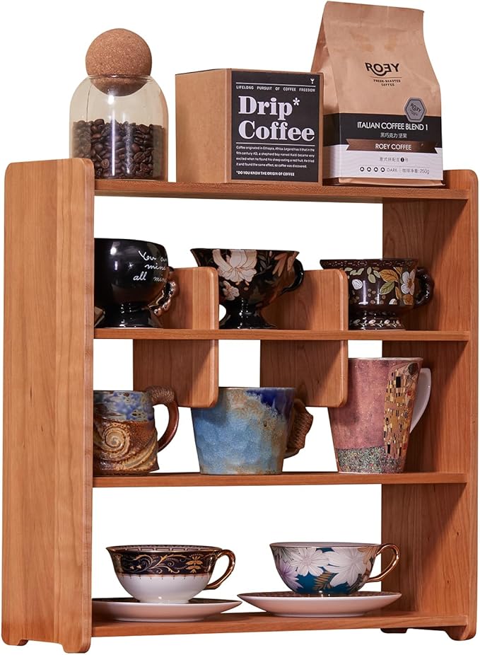 Coffee Cup Holder for Countertop Walnut Wood Coffee Mugs Holder for Kitchen Mug Display Rack (4-Tier wood B)