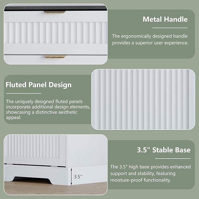 13 Gallons Tilt Out Trash Can Cabinet, Wooden Fluted Trash Garbage Can Cabinet with Drawers, Hidden Laundry Hamper with Hooks for Kitchen Living Room, White