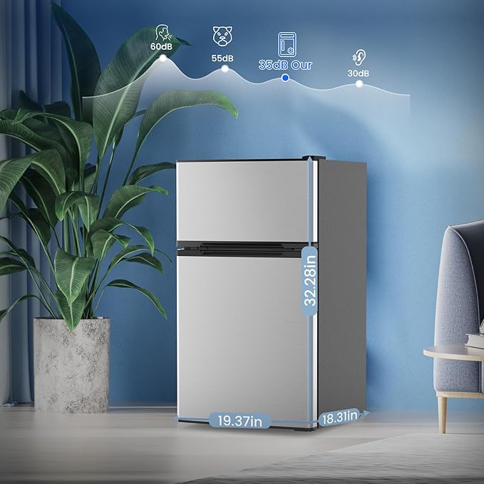 3.1 Cu.Ft Mini Fridge with Freezer, Compact Refrigerator with 2 Doors, Small Fridge with Adjustable Thermostat & Removable Glass Shelves for Bedroom, Office, Dorm, or Apartment, Silver