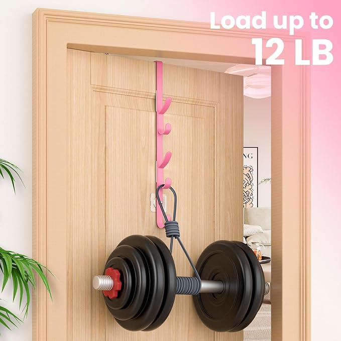 Over The Door Hooks, Metal Door Hooks for Hanging, Over The Door Purse Organizer for Coat Hanger, Back of Shower Door for Hanging Towel Rack Clothes, Hat, Bathroom, Closet (Pink-3Packs)