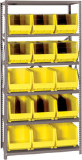 Quantum Storage Systems QSBU-260YL Giant Open Hopper Steel Shelving System, 18" D x 36" W x 75" H, with 6 Shelves and 15 QUS260 Bins, Yellow
