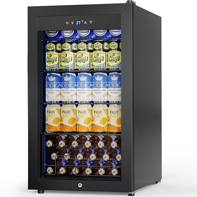 Mini Fridge 3.2 Cu.Ft Small Beverage Refrigerator 126 Can Lockable Drink Cooler with Glass Door, Safety Lock, for Beer Soda Black