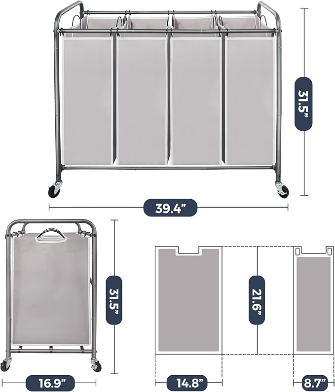 STO STO Laundry Sorter 4 Section, 4 Bag Laundry Hamper, Rolling Laundry Cart, Laundry Basket with Heavy Duty Lockable Wheels and Removable Bag for Clothes Storage, Gray