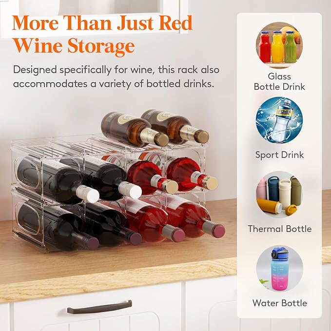 Lifewit Wine Rack for Fridge, Stackable Wine Bottle Holder with Sturdy Support Insert & Reinforced Design, Plastic Bottle Organizer for Refrigerator, Cabinet & Pantry, Clear, Holds 12 Bottles
