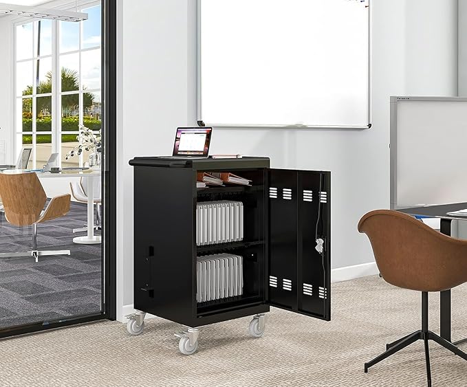Laptop Charging Cart, 32 Devices Tablet Storage Carts for Ipad up to 16.3" Screen Size, Mobile Charging Station for Classroom, Fast Charging, Security Storage, Easy Use, Black