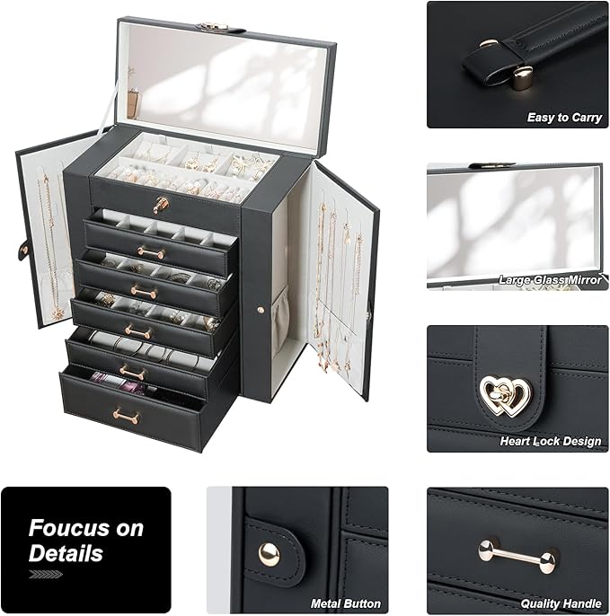 Large Jewelry Organizers and Storage, Large Jewelry Box for Women Large Jewelry Organizer, Women Jewelry Box with Mirror, Best Women Gift, Black