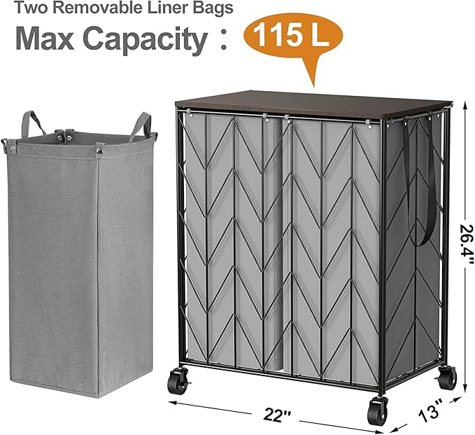 WOWLIVE Laundry Basket with Wheels, Heavy Duty Laundry Hamper with Wood Lid, Clothes Hamper with Divided Removable Liner Bag, Large Capacity Iron-Made Laundry Sorter Laundry Room Organization (Grey)