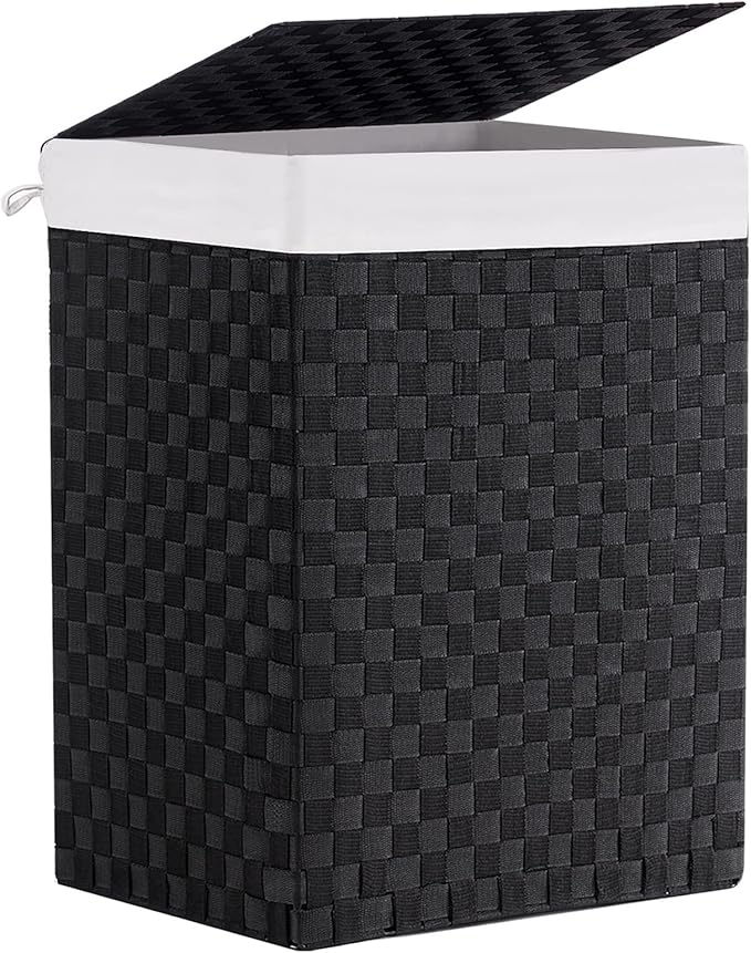 Foldable Laundry Hamper Basket with Lid by Fiona's magic, Handwoven 96L Large Clothes Hamper with Removable Liner Bags, Collapsible Tall Hamper for Bedroom, Bathroom and Dorm Organizer, Black